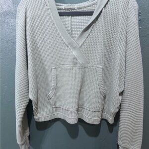 Waffle Knit V-Neck Pullover Hoodie in sage green